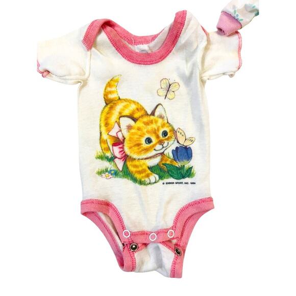 Vintage Baby Girl Onesie Lot 80/90s Kawaii Cat Print Footie Pajamas Balloons USA - Picture 2 of 8